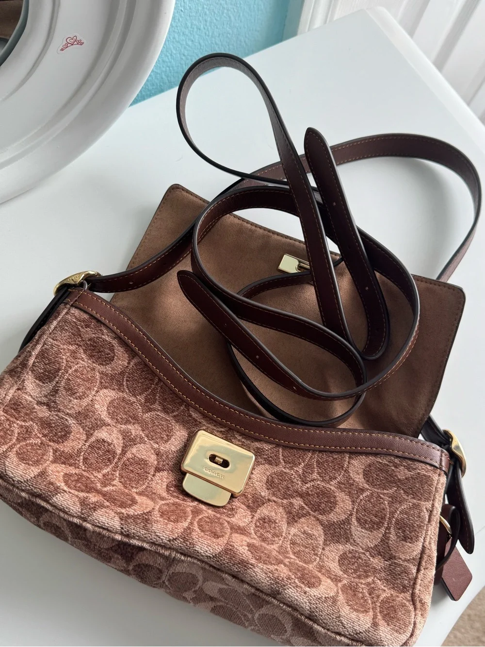 Coach Brown Signature Jacquard Shoulder Bag with Leather Trim
